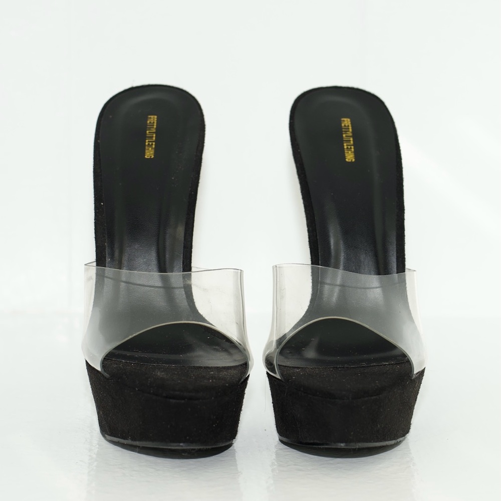 Pretty Little Thing BLACK HIGH PLATFORM CLEAR MULE SANDALS Suede PVC Size UK 6 - Picture 4 of 16